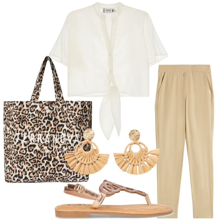 Outfit donna - Stile casual. Stile Casual per Ufficio. Abbinamento con orecchini, borse tote, camicie a manica corta, pantaloni, sandali in pelle.