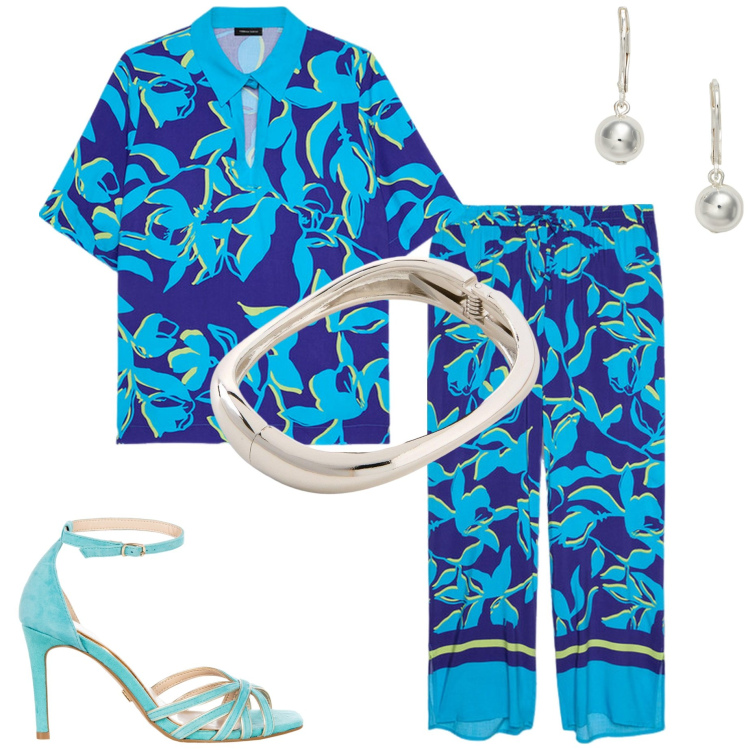 Outfit donna - Coordinato fantasia. Stile Casual chic per Serata fuori. Abbinamento con braccialetti, sandali col tacco, orecchini, bluse, pantaloni a palazzo.
