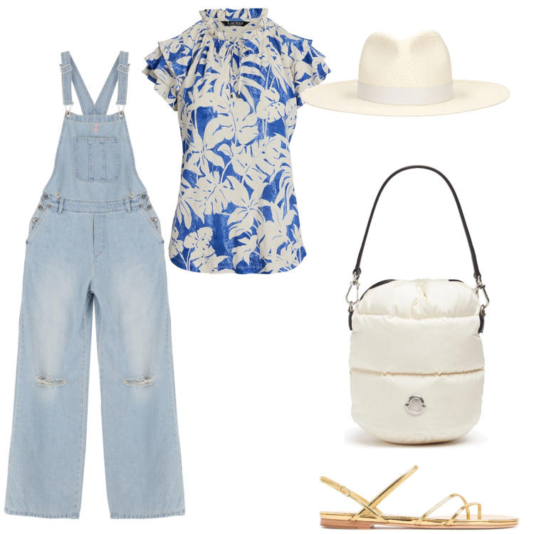 Outfit donna - Salopette rivisitata. Stile Mannish per Tutti i giorni. Abbinamento con salopette, top, sandali in pelle, cappelli, borse a secchiello.