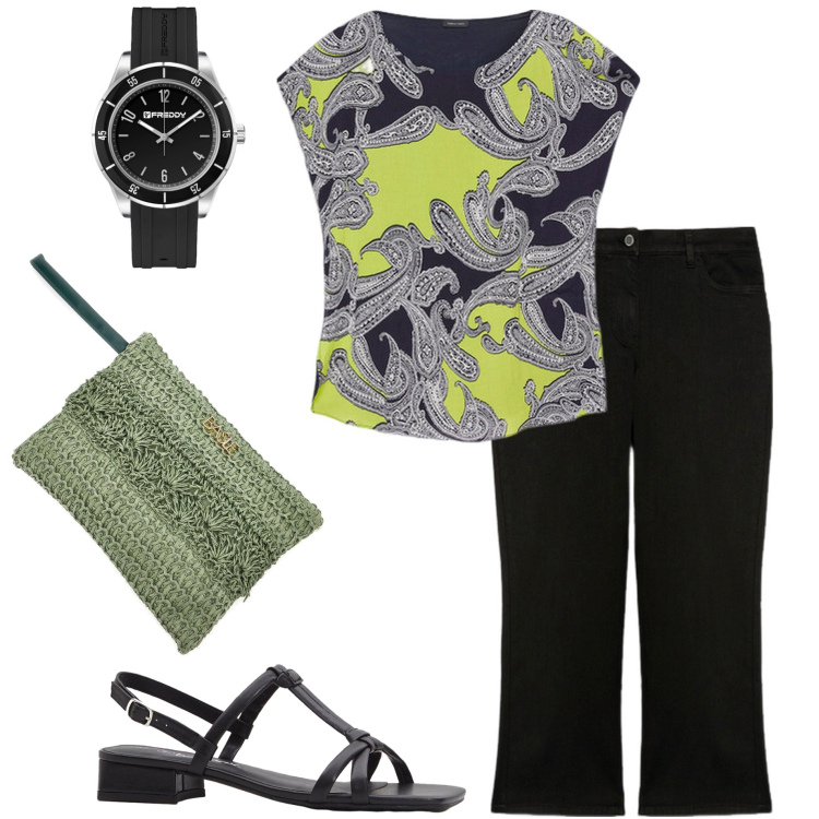 Outfit donna - In città. Stile Casual chic per Tutti i giorni. Abbinamento con sandali col tacco, orologi, bluse, jeans, pochette.