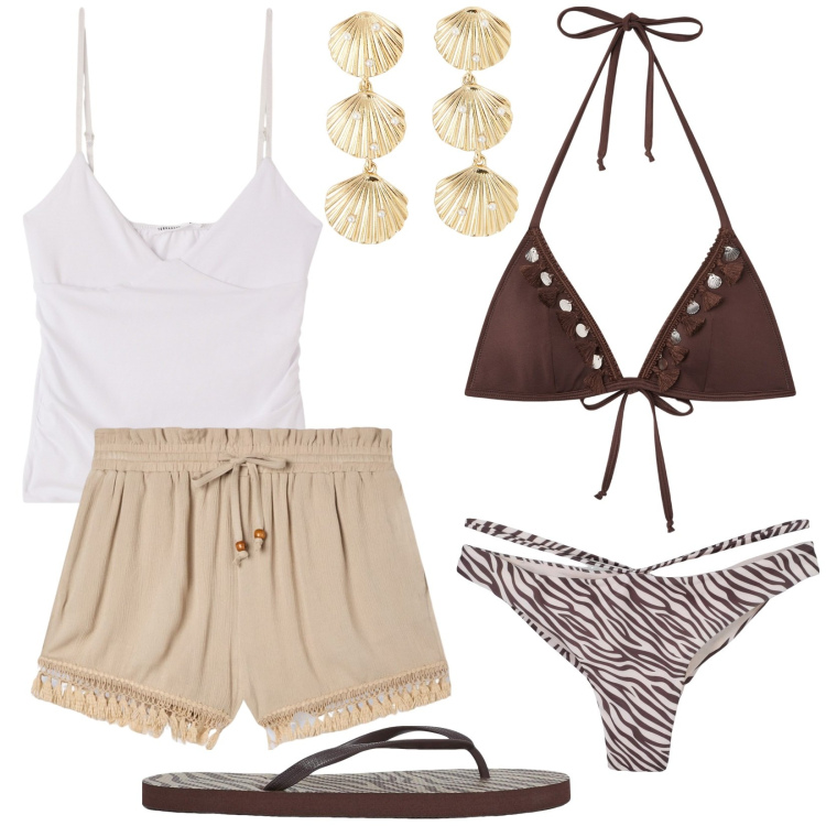 Outfit donna - Un tuffo in piscina. Stile Etnico per Mare. Abbinamento con bikini, canottiere, orecchini, infradito, bikini, shorts.