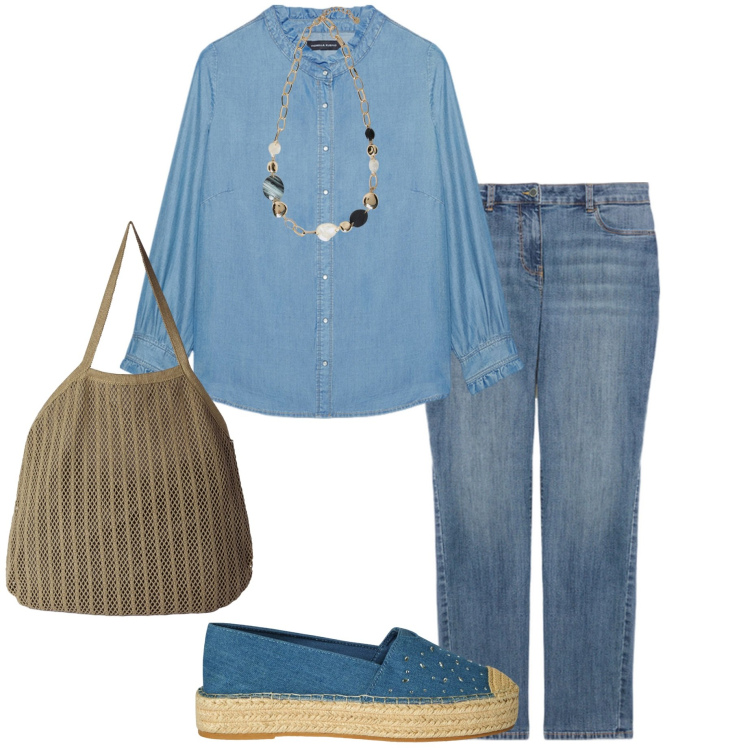 Outfit donna - Agosto piovoso. Stile Casual chic per Ufficio. Abbinamento con espadrillas, borse tote, camicie, jeans skinny, collane.