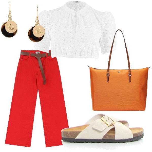 Outfit donna - Passeggiata al mare. Stile Casual chic per Serata fuori. Abbinamento con camicie, pantaloni, borse tote, orecchini, ciabatte.