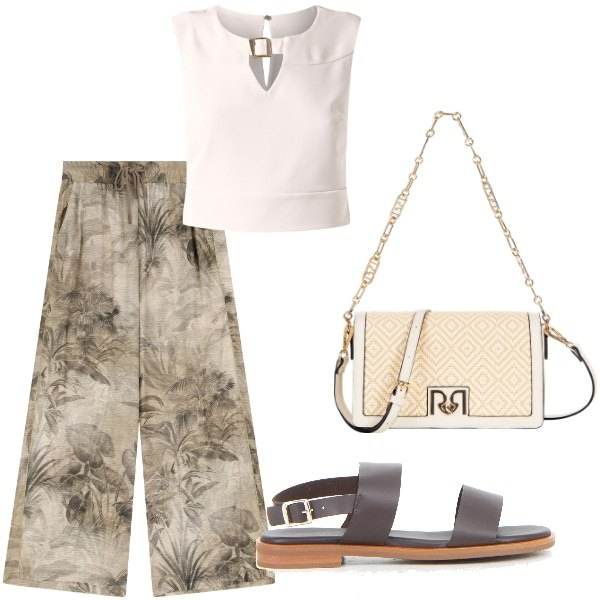 Outfit donna - Serata tra amici. Stile Casual chic per Tutti i giorni. Abbinamento con top, borse a tracolla, pantaloni, sandali.