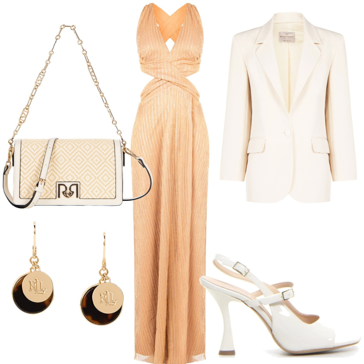 Outfit donna - Cut-out elegante. Stile Glamour per Serata fuori. Abbinamento con vestiti lunghi, blazer, borse a tracolla, orecchini, sandali col tacco.