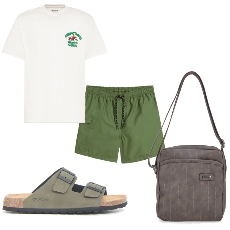 Outfit uomo - Agosto al mare. Stile Urban per Mare. Abbinamento con pantaloni corti, portafogli, sandali, t-shirt.