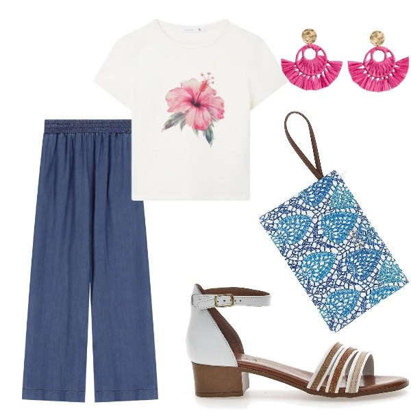Outfit donna - Estate. Stile Casual chic per Tutti i giorni. Abbinamento con orecchini, t-shirt, pantaloni, sandali col tacco, pochette.