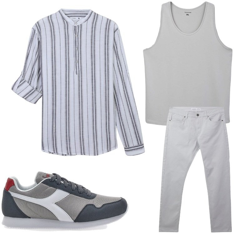 Outfit uomo - La camicia a righe. Stile Casual per Tutti i giorni. Abbinamento con pantaloni skinny, canottiere, camicie, sneakers.