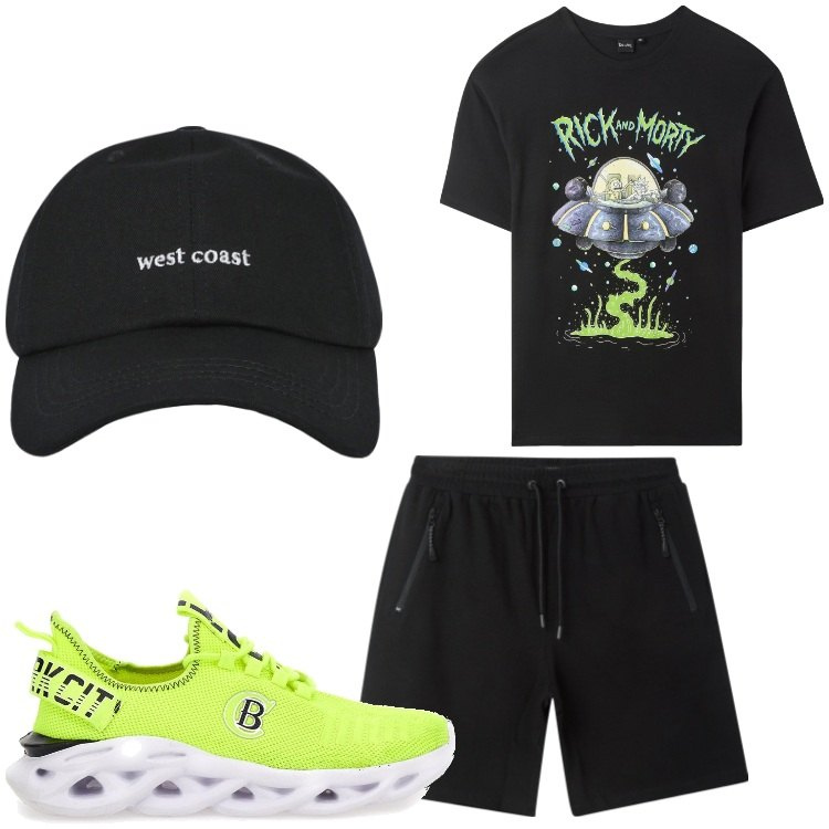 Outfit uomo - Super galattico. Stile Casual per Tutti i giorni. Abbinamento con t-shirt, cappelli con visiera, bermuda, sneakers.