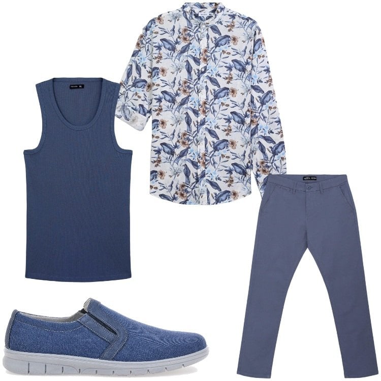 Outfit uomo - Foglie blu. Stile Casual per Tutti i giorni. Abbinamento con camicie, pantaloni chino, canottiere, sneakers.