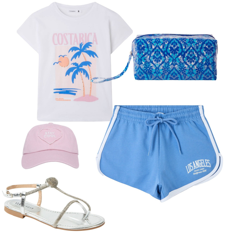 Outfit donna - Al mare. Stile Casual per Mare. Abbinamento con shorts, cappelli, t-shirt, ciabatte, pochette.
