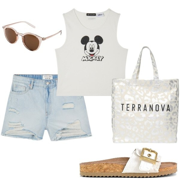 Outfit donna - E siamo in Agosto....... Stile Casual per Tutti i giorni. Abbinamento con occhiali da sole, borse tote, shorts, canottiere, sandali.