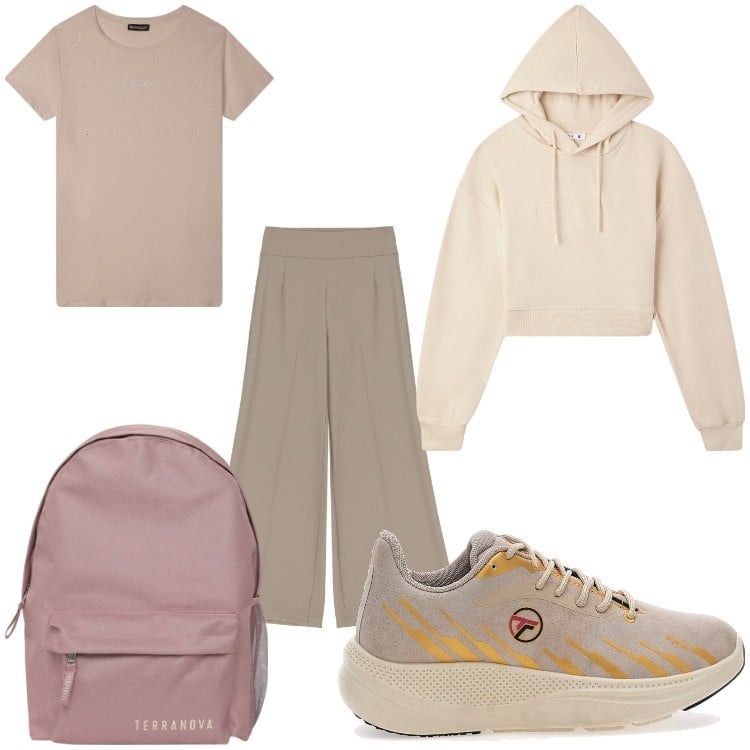 Outfit donna - Fresco di montagna. Stile Sporty chic per Tutti i giorni. Abbinamento con zaini, felpe con cappuccio, pantaloni a palazzo, t-shirt, sneakers.