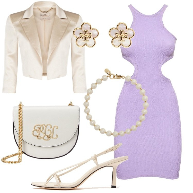 Outfit donna - Abito cut-out elegante. Stile Chic per Serata fuori. Abbinamento con bolero, borse a tracolla, braccialetti, sandali in pelle, orecchini, vestiti.