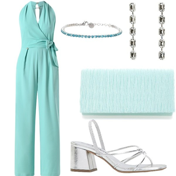 Outfit donna - Matrimonio in vista. Stile Glamour per Cerimonia. Abbinamento con sandali col tacco, orecchini, tute, braccialetti, pochette.