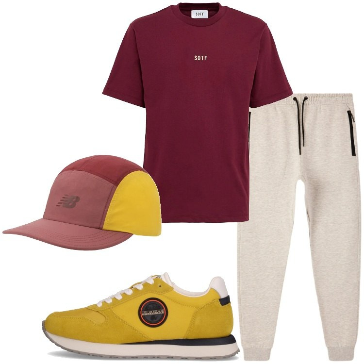 Outfit uomo - Sneakers con carattere. Stile Casual per Tutti i giorni. Abbinamento con pantaloni sportivi, cappelli con visiera, sneakers, t-shirt.