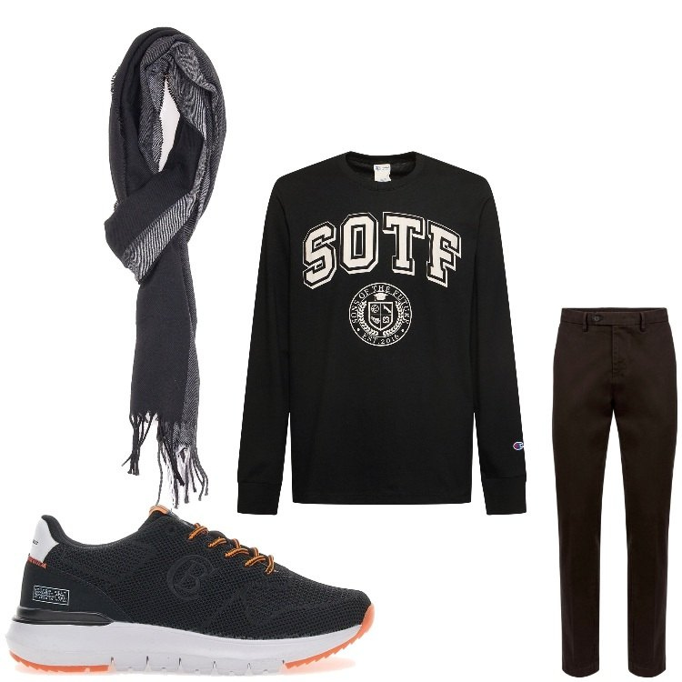 Outfit uomo - Fresco di montagna. Stile Casual per Tutti i giorni. Abbinamento con pantaloni chino, sciarpe, sneakers, t-shirt.