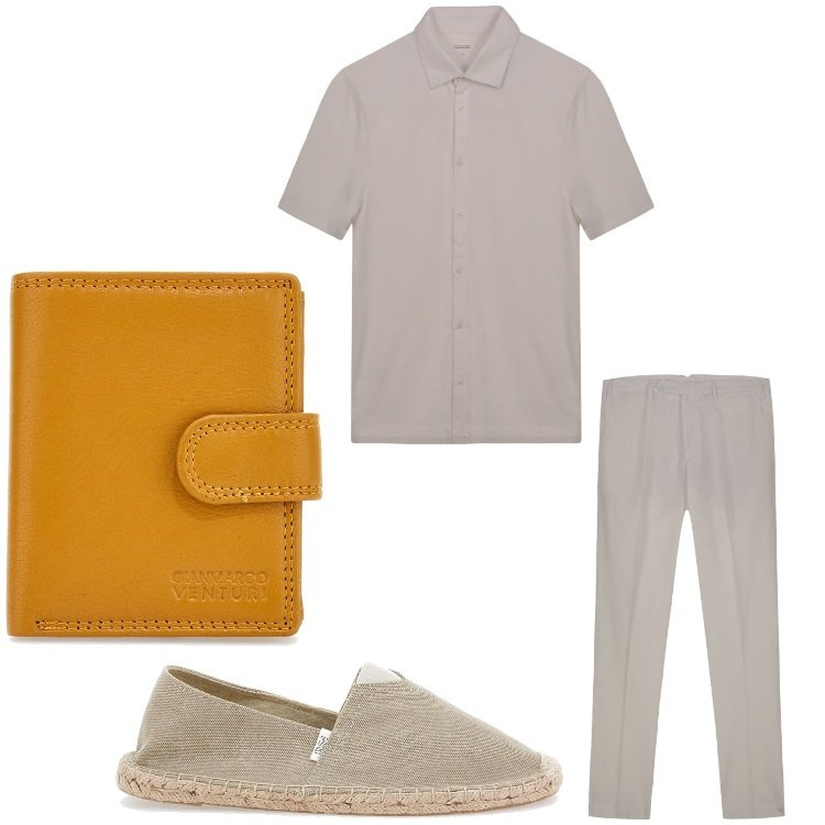 Outfit uomo - Le idee chiare. Stile Casual per Tutti i giorni. Abbinamento con portafogli, espadrillas, pantaloni, polo.