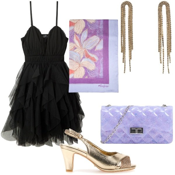 Outfit donna - Matrimonio in vista. Stile Glamour per Cerimonia. Abbinamento con vestiti corti, borse a tracolla, orecchini, sandali col tacco, stole.