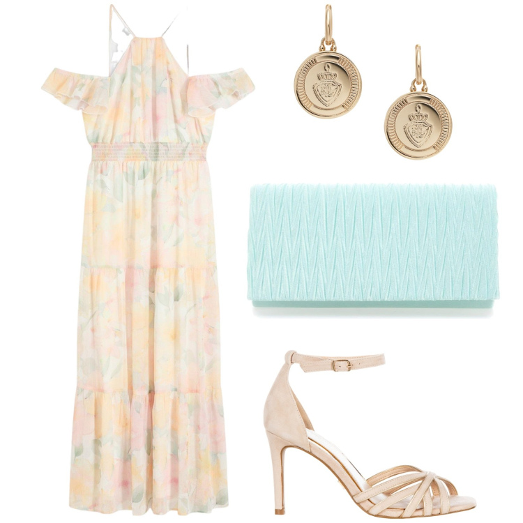 Outfit donna - Spalle scoperte. Stile Romantica per Serata fuori. Abbinamento con vestiti lunghi, sandali col tacco, orecchini, pochette.