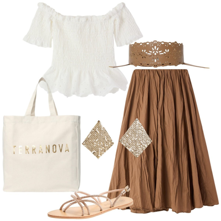 Outfit donna - Total look #2215320. Stile Boho per Tutti i giorni. Abbinamento con gonne lunghe, bluse, cinture, borse tote, sandali, orecchini.