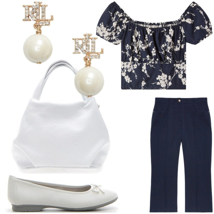 Outfit donna - I fiori di agosto. Stile Bon Ton per Tutti i giorni. Abbinamento con bluse, orecchini, pantaloni, ballerine, borse a spalla.