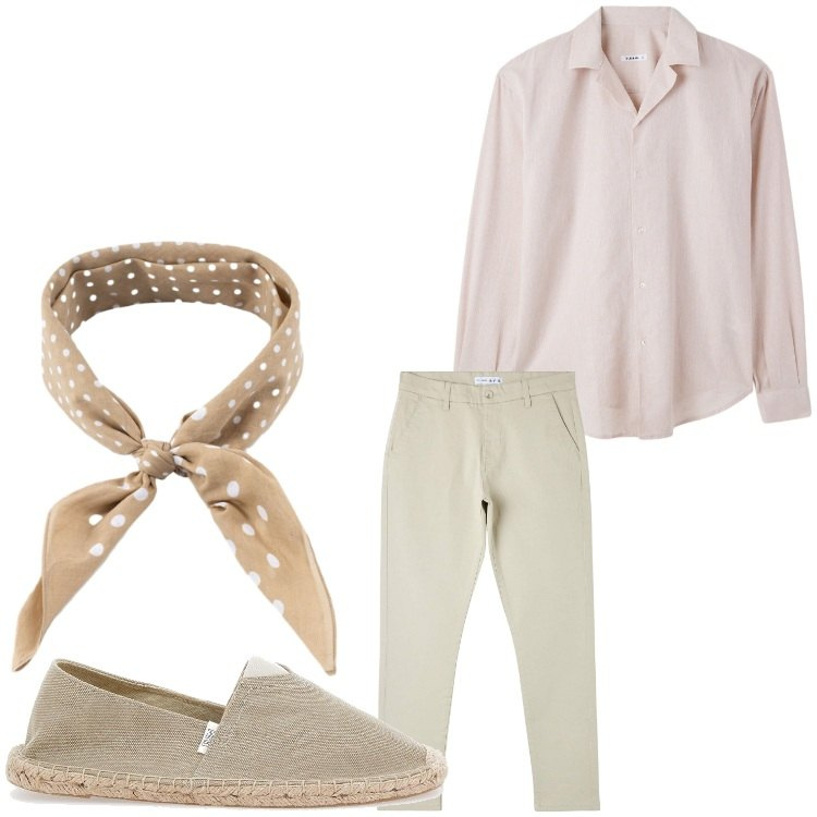 Outfit uomo - In beige. Stile Casual per Tutti i giorni. Abbinamento con pantaloni skinny, camicie, sciarpe e foulard, espadrillas.