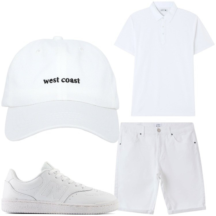 Outfit uomo - Total white. Stile Casual per Tutti i giorni. Abbinamento con polo, cappelli, bermuda, sneakers.
