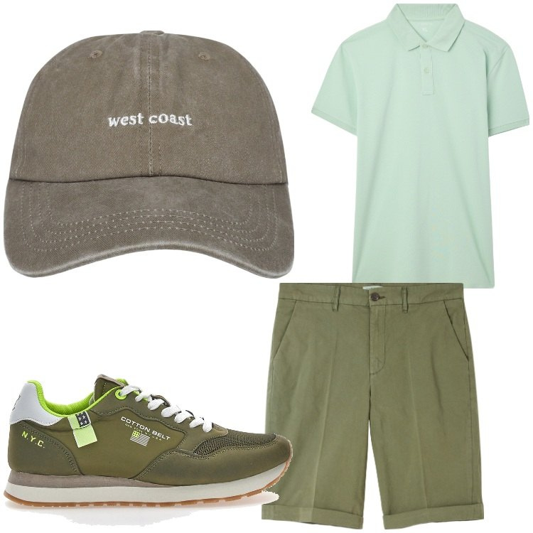 Outfit uomo - Selezione in verde. Stile Casual per Tutti i giorni. Abbinamento con bermuda, cappelli, polo, sneakers.
