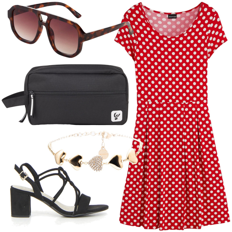 Outfit donna - A pois per un gelato. Stile Bon Ton per Tutti i giorni. Abbinamento con vestiti, occhiali da sole, braccialetti, valigie, sandali col tacco.