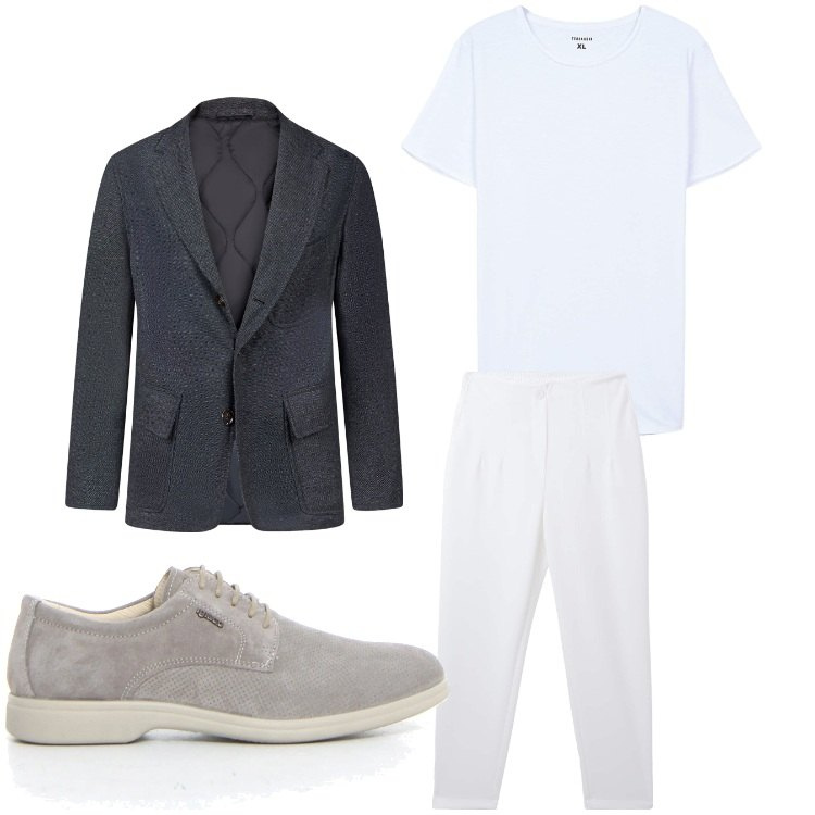 Outfit uomo - mai senza bianco. Stile Business/Elegante per Serata speciale. Abbinamento con pantaloni chino, t-shirt, giacche, scarpe stringate.