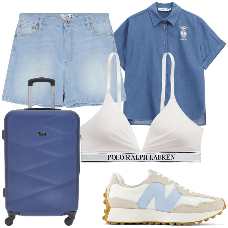 Outfit donna - Viaggio in jeans. Stile Casual chic per Tutti i giorni. Abbinamento con sneakers, shorts, camicie a manica corta, reggiseni, valigie.
