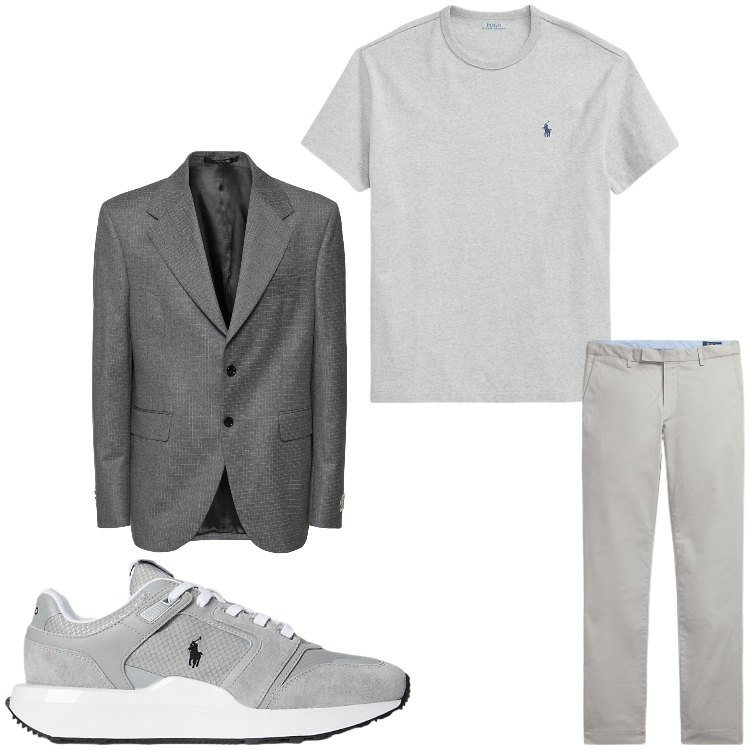 Outfit uomo - Idee in grigio. Stile Business/Elegante per Serata speciale. Abbinamento con t-shirt, pantaloni chino, sneakers, giacche.