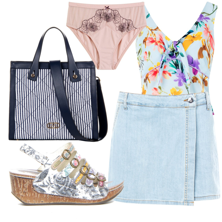 Outfit donna - Fresca e fiorita. Stile Trendy per Tutti i giorni. Abbinamento con culotte, top, minigonne, shopping bag, sandali col tacco.