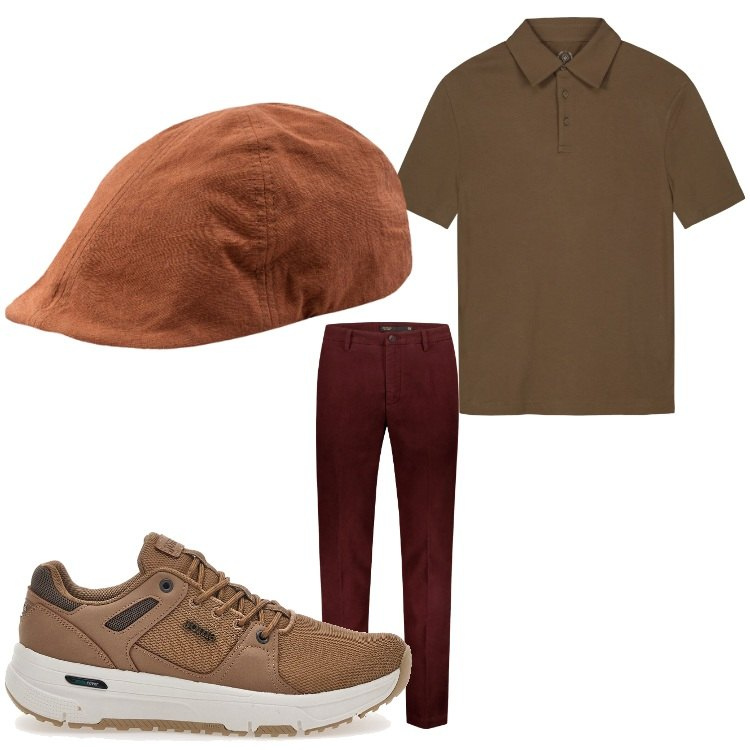 Outfit uomo - Marroni. Stile Casual per Tutti i giorni. Abbinamento con pantaloni, sneakers, polo, cappelli con visiera.