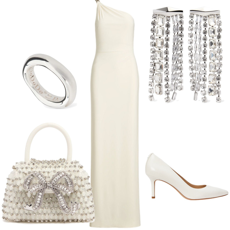 Outfit donna - My idea of a glam bride. Stile Glamour per Cerimonia. Abbinamento con décolleté, vestiti asimmetrici, anelli, borse a mano, orecchini.