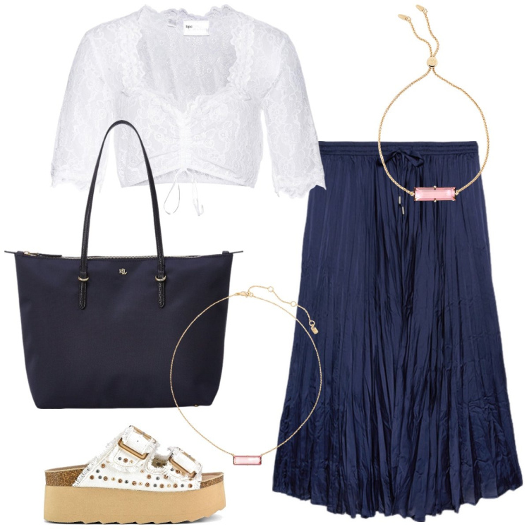 Outfit donna - In vacanza. Stile Boho per Tutti i giorni. Abbinamento con camicie, borse tote, braccialetti, collane, sandali, gonne lunghe.