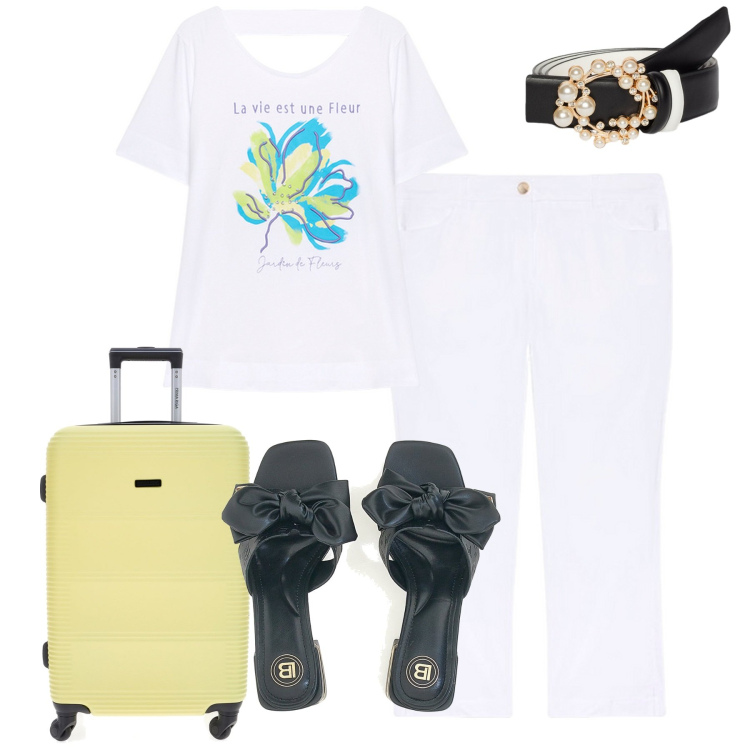 Outfit donna - Si parte. Stile Casual chic per Tutti i giorni. Abbinamento con ciabatte, t-shirt, pantaloni, valigie, cinture.