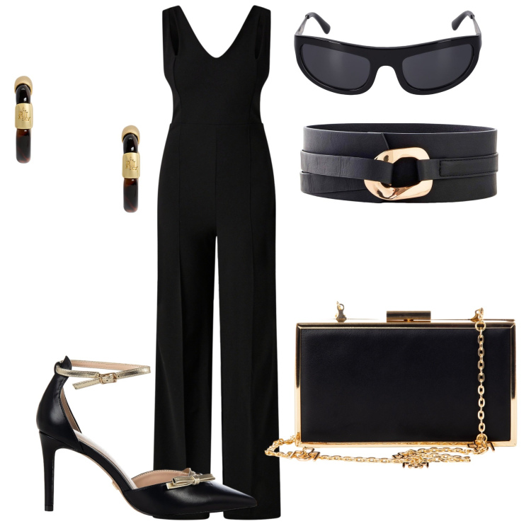 Outfit donna - Total black. Stile Glamour per Serata fuori. Abbinamento con cinture, décolleté, pochette, tute, orecchini, occhiali da sole.