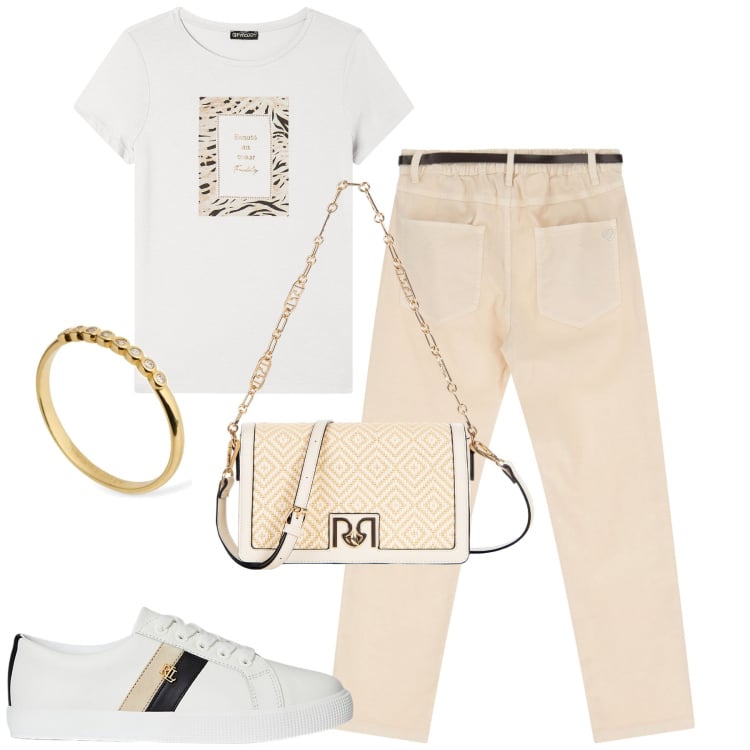 Outfit donna - Agosto. Stile Casual per Tutti i giorni. Abbinamento con borse a tracolla, pantaloni, t-shirt, sneakers, anelli.