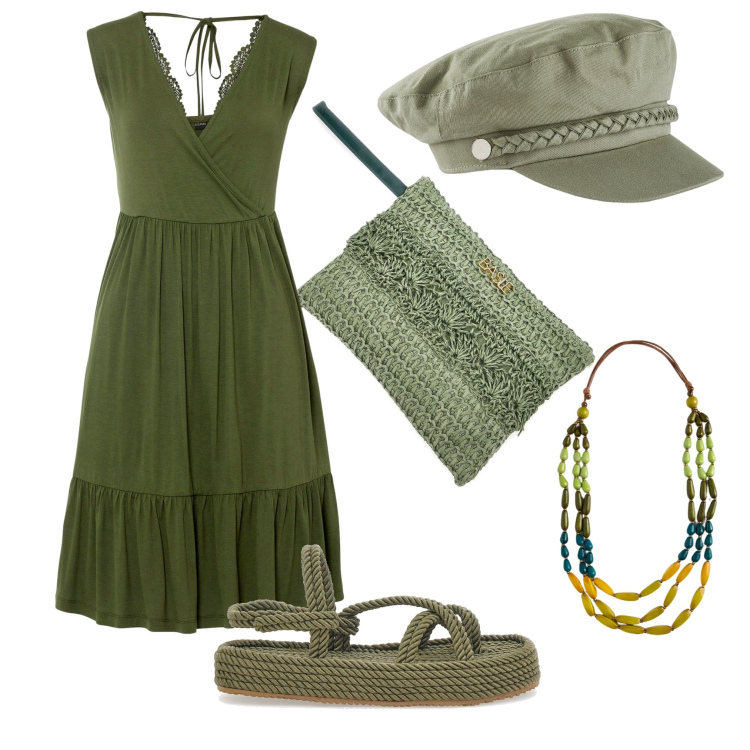 Outfit donna - Qualcosa in corda. Stile Boho per Tutti i giorni. Abbinamento con vestiti, cappelli, collane, sandali, pochette.