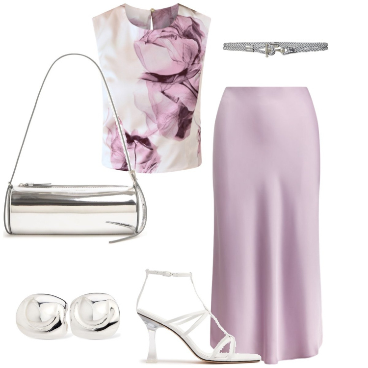 Outfit donna - Serata fuori. Stile Chic per Serata fuori. Abbinamento con top, gonne, cinture, sandali in pelle, orecchini, borse a mano.