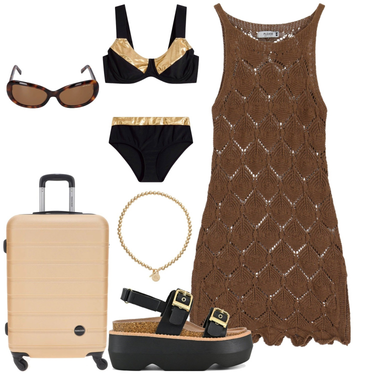 Outfit donna - Al mare. Stile Trendy per Mare. Abbinamento con bikini, vestiti corti, collane, valigie, sandali col tacco, occhiali da sole.