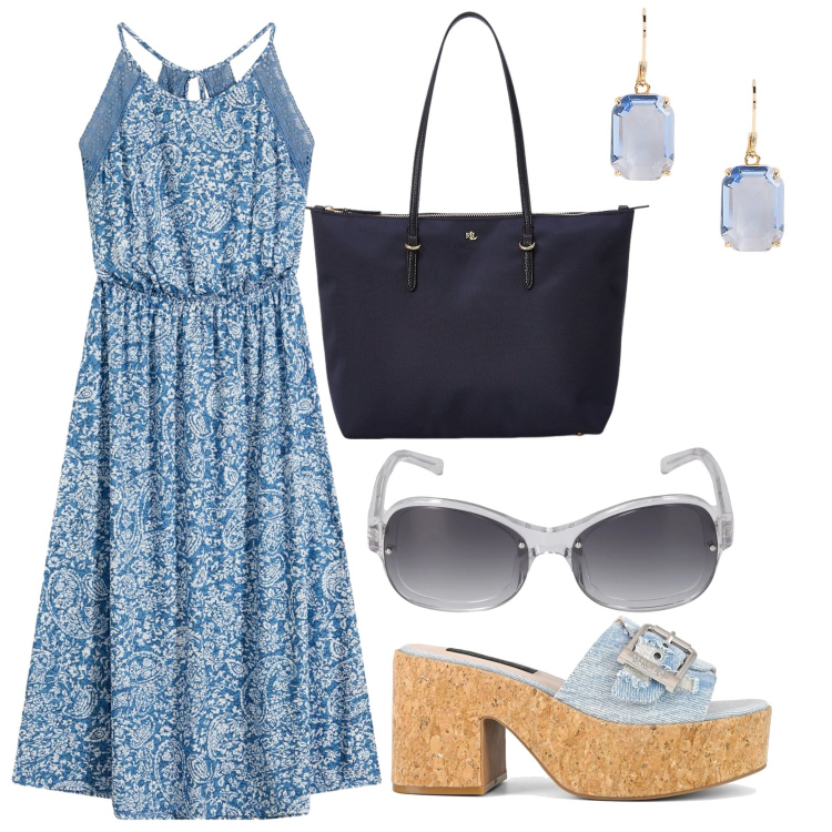 Outfit donna - Con le zeppe. Stile Boho per Tutti i giorni. Abbinamento con vestiti, orecchini, borse tote, sandali, occhiali da sole.