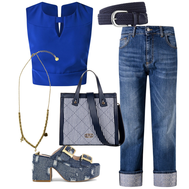 Outfit donna - Con le zeppe 2. Stile 70s per Tutti i giorni. Abbinamento con cinture, jeans dritti, top, shopping bag, ciondoli, sandali.