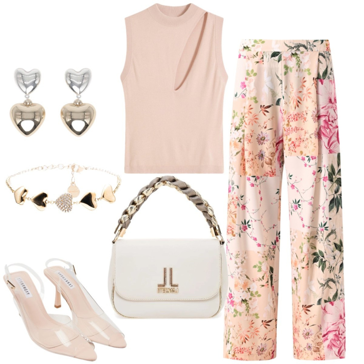 Outfit donna - Pranzo in città. Stile Romantica per Tutti i giorni. Abbinamento con top, sandali col tacco, orecchini, pantaloni, braccialetti, borse a tracolla.