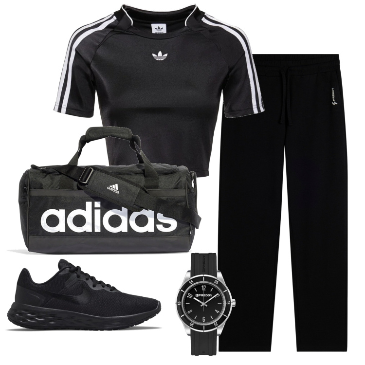 Outfit donna - In palestra. Stile Sporty chic per Sport. Abbinamento con orologi, pantaloni sportivi, borse sportive, scarpe sportive, top.