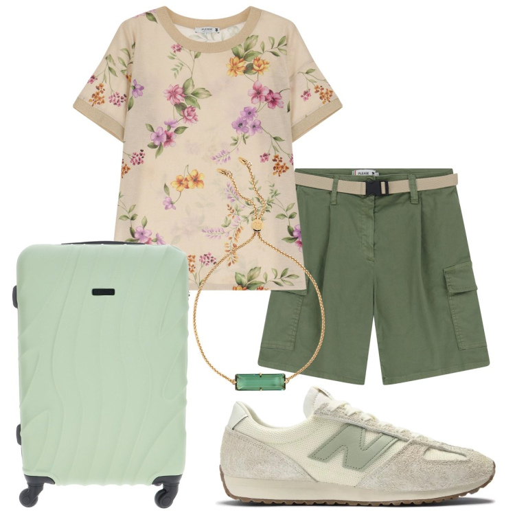 Outfit donna - I cargo verdi. Stile Casual chic per Tutti i giorni. Abbinamento con sneakers, shorts, t-shirt, braccialetti, valigie.