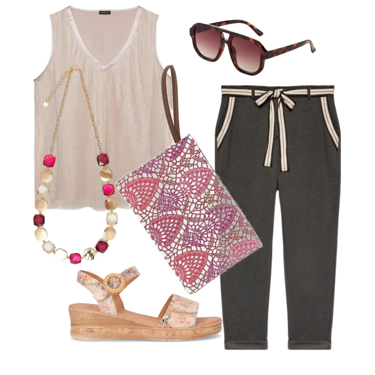 Outfit donna - Fiorella Rubino 8. Stile Casual per Tutti i giorni. Abbinamento con occhiali da sole, pantaloni chino, top, pochette, collane, sandali.
