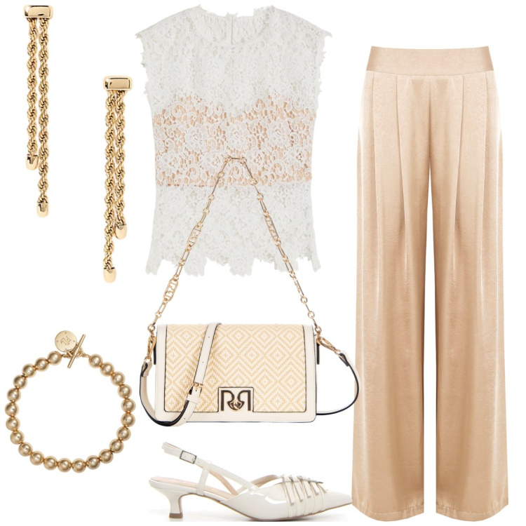 Outfit donna - Cerimonia. Stile Chic per Tutti i giorni. Abbinamento con top, borse a tracolla, pantaloni, braccialetti, orecchini, décolleté.